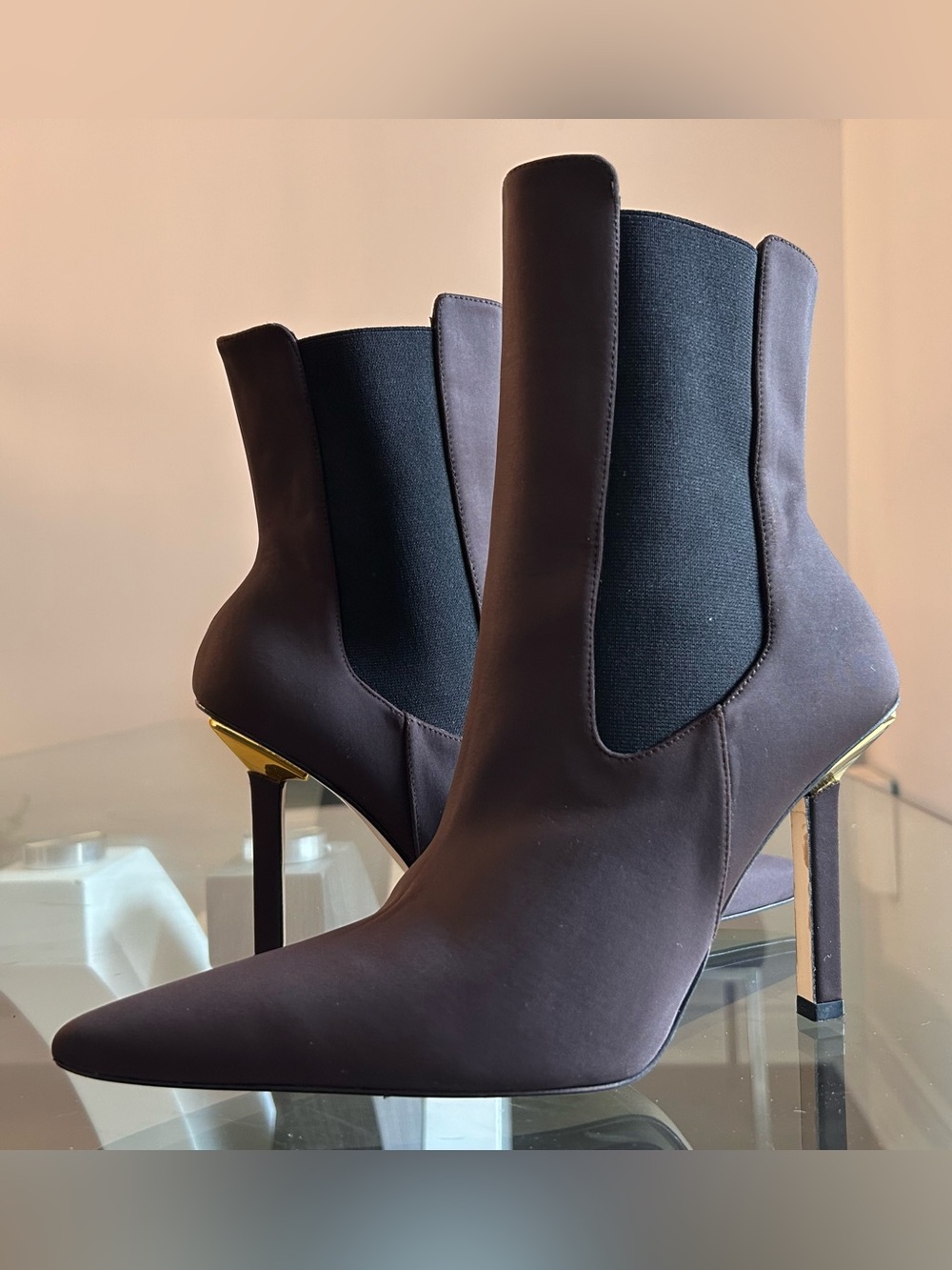 Khloe Kardashian-Good American “Kickstand” Ankle Boot-Brown Neo with Gold Heel